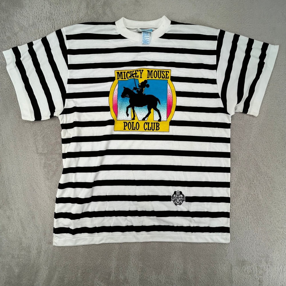Vintage Disney Sunday Comics Mens Large White Striped Mickey Mouse Polo Preowned